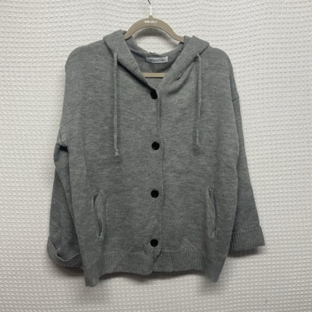 Misslook Gray Knit Hooded Button Front Cardigan Women M China Cotton/Acrylic
